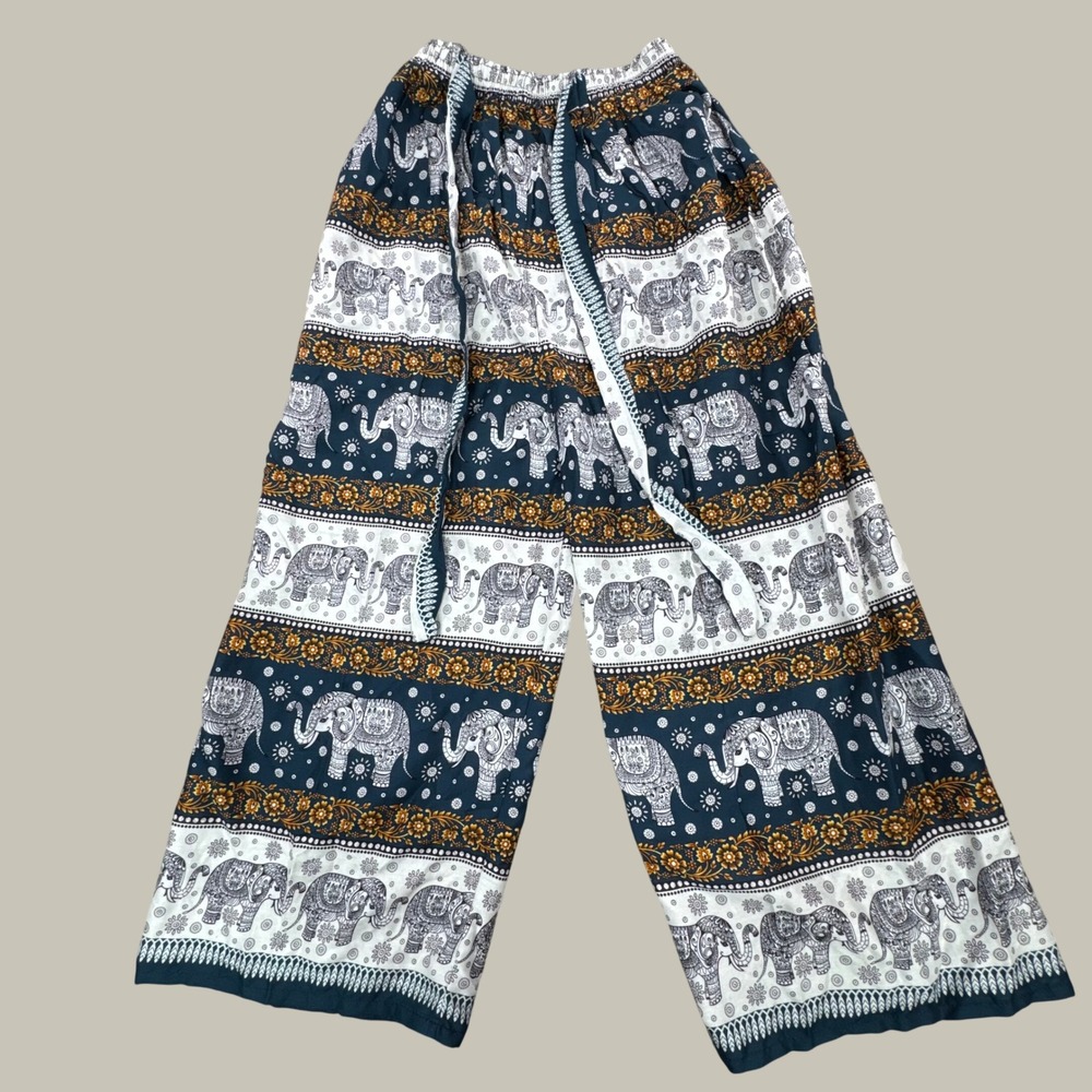 Womens Bohemian Elephant Print Wide Leg Pants Navy Blue White Smocked Waist Boho